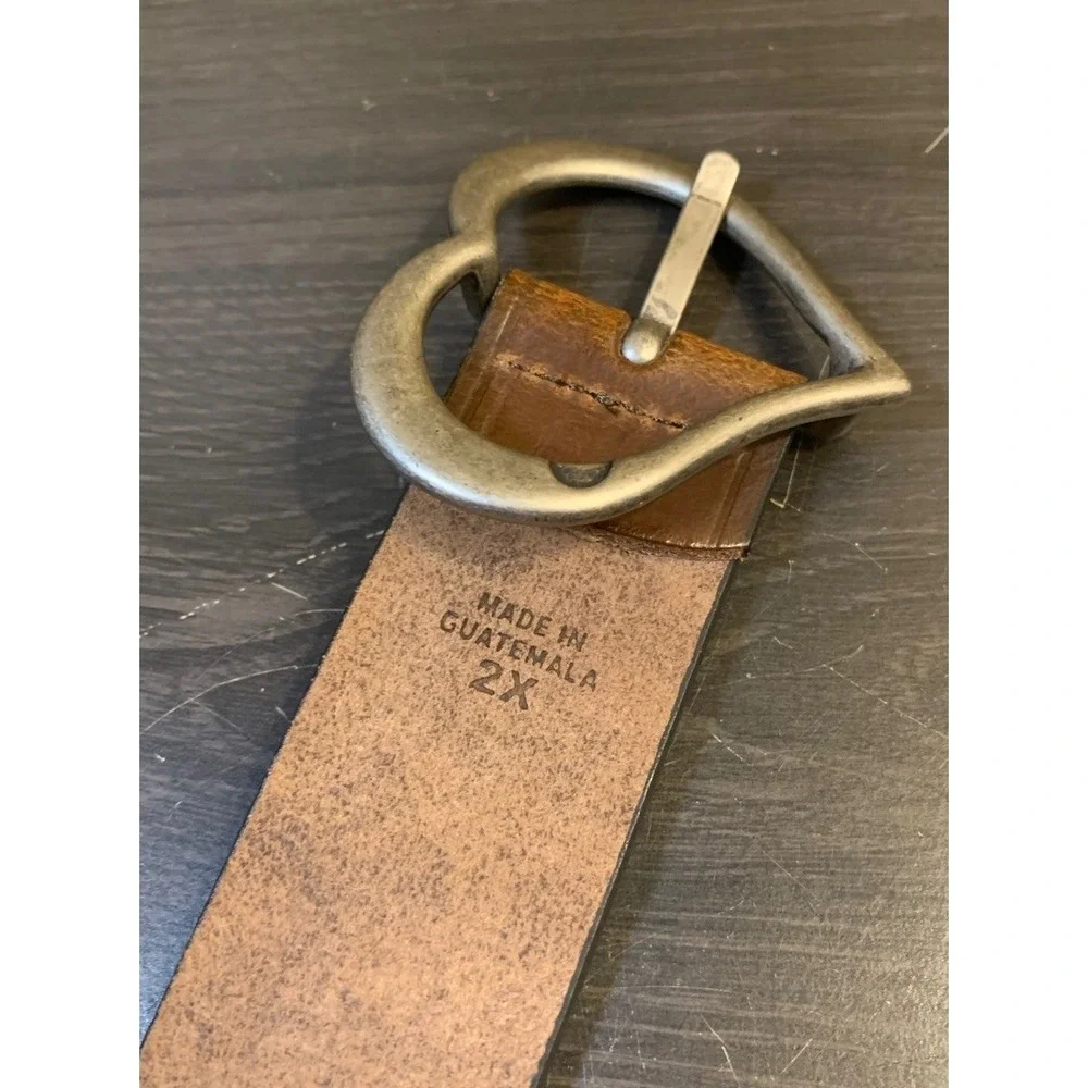 Heart Buckle Leather Belt Vintage Brown Silver tone buckle Sz 2X 40-44